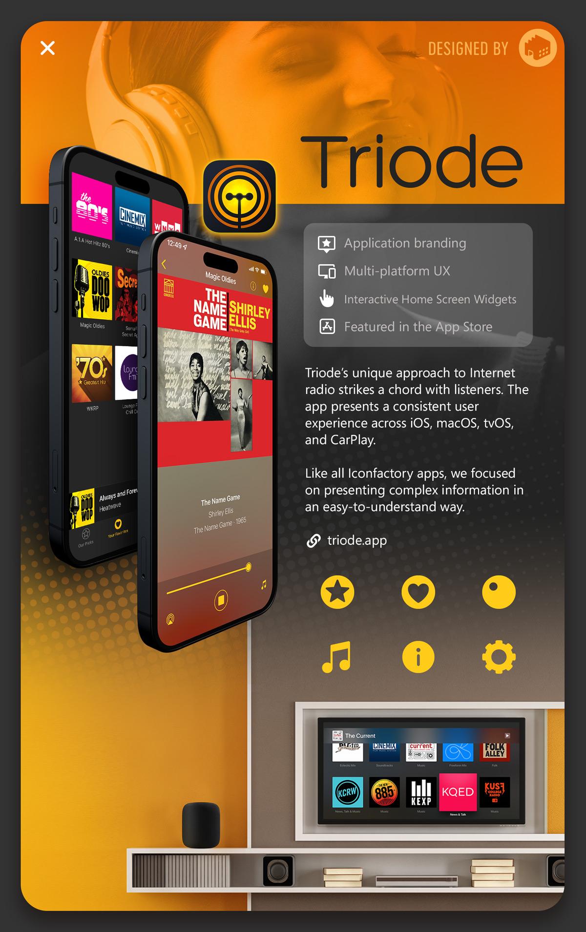 Screenshot of a software promotional graphic for The Iconfactory's flagship app - Triode. The design showcases 2 iPhones running Triode framed against a background of oranges and black.